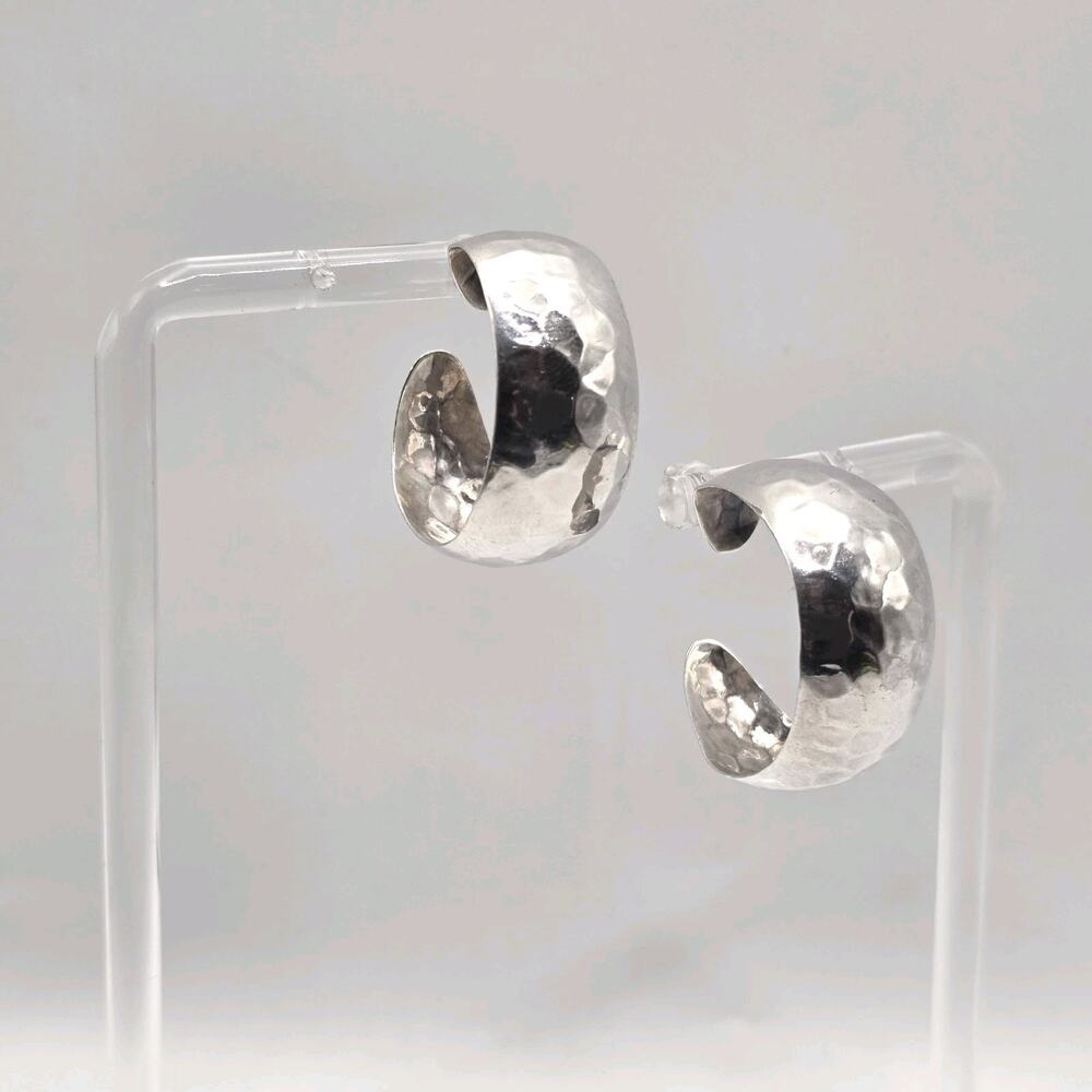Sterling Silver 925 Wide Hammered 1" Half Hoop Pierced Earrings 7g